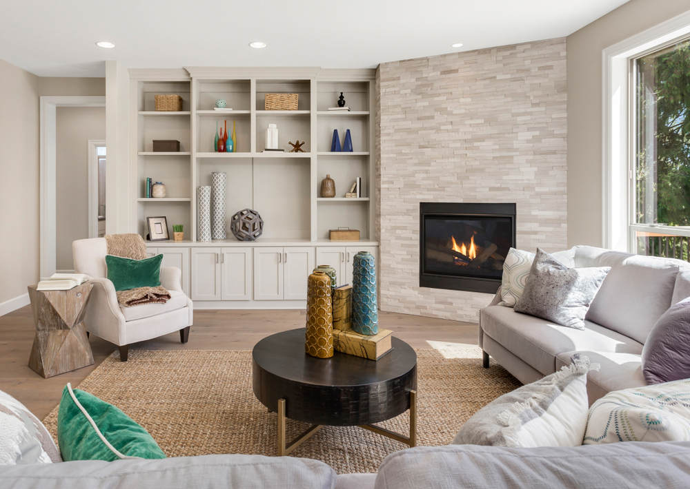 Living room with built in cabinets